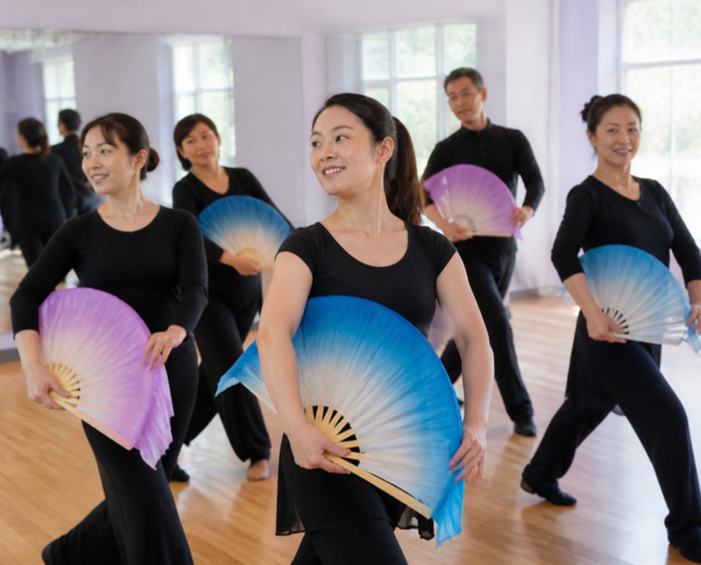 Adult dancers holding open silk fans move together in a studio class