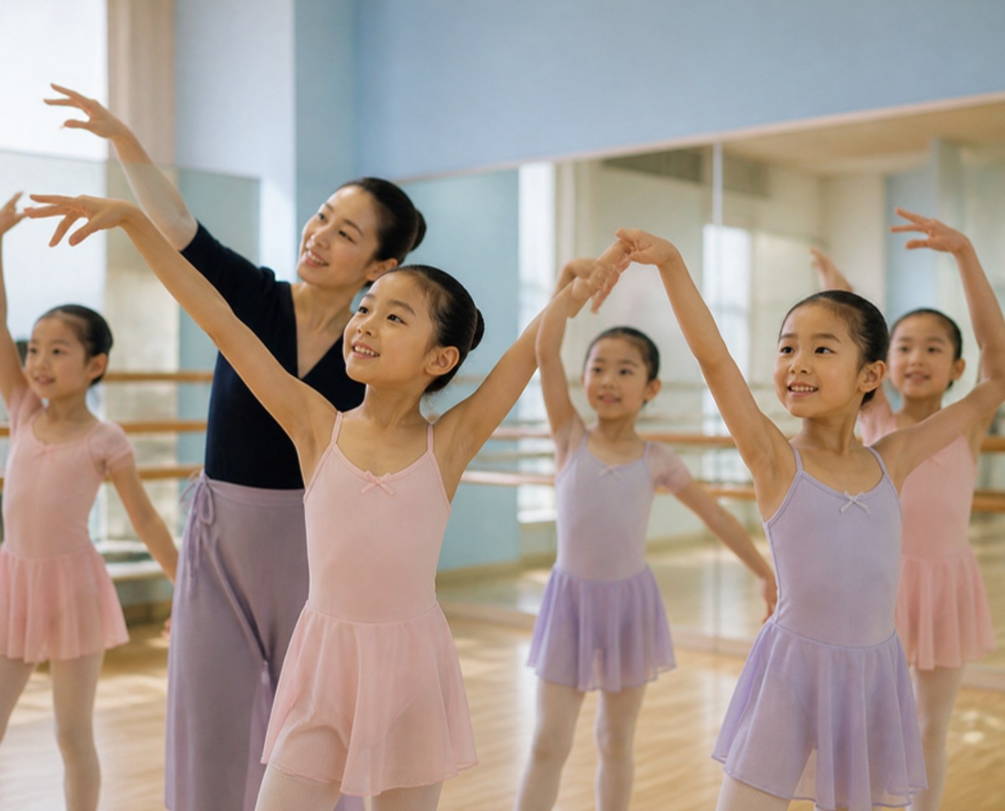 Young children in pink and lilac leotards practise a ballet pose with their teacher